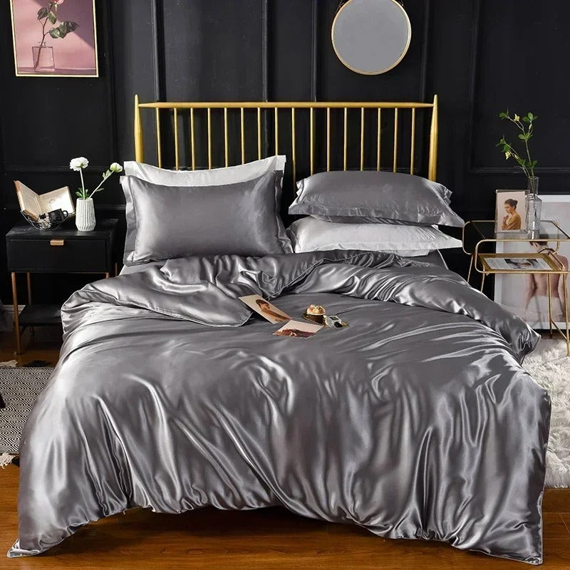 Anycozy Beddings Gray AU EU King Size 3 Pc High End Satin Smooth Duvet Cover Set Luxury Polyester Silky Soft Cozy Bedding Set