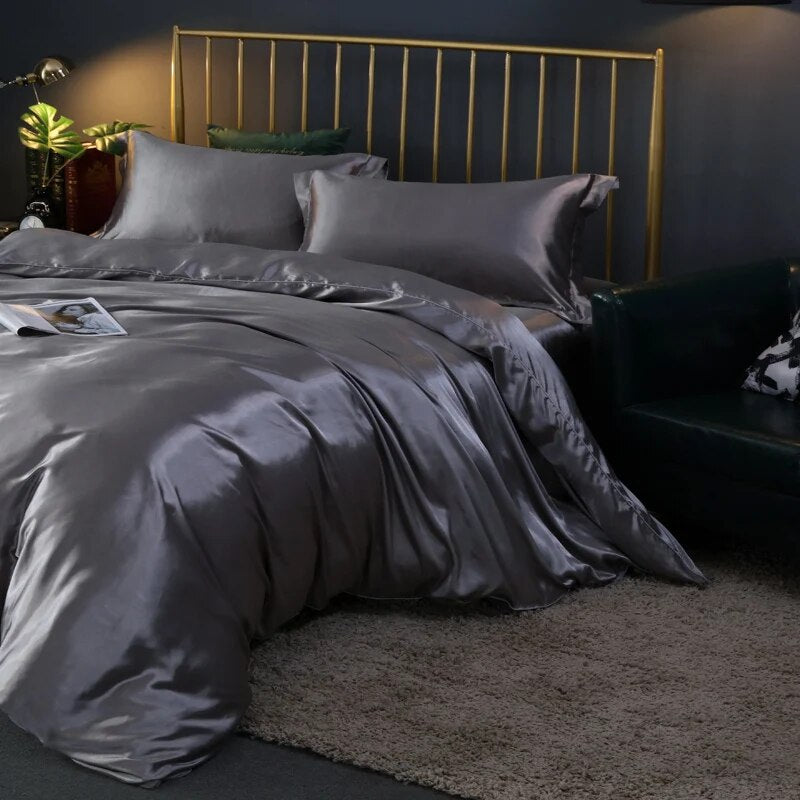 Anycozy Beddings Gray AU Single Size 2 Pcs High End Satin Smooth Duvet Cover Set Luxury Polyester Silky Soft Cozy Bedding Set