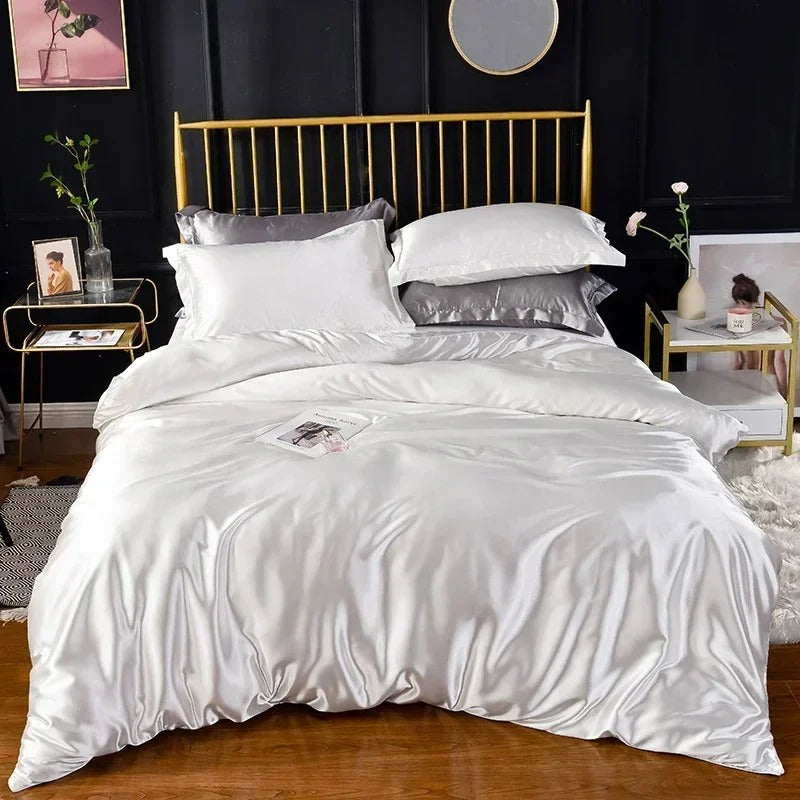 Anycozy Beddings White AU EU King Size 3 Pc High End Satin Smooth Duvet Cover Set Luxury Polyester Silky Soft Cozy Bedding Set