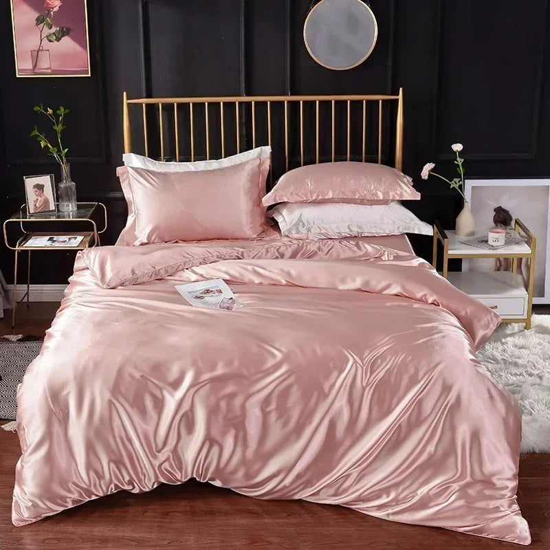 Anycozy Beddings Light Pink EU Double Size 3 Pcs High End Satin Smooth Duvet Cover Set Luxury Polyester Silky Soft Cozy Bedding Set