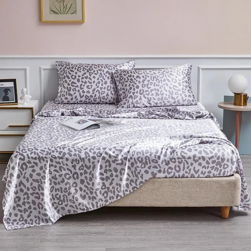 ANYHOUZ Bed Sheet Silver Leopard Print Satin Silk High End Fitted Flat Sheet