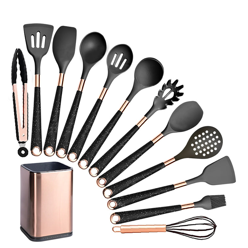 Anygleam Kitchen Utensils Non-stick Black 12 Set Gold Plated Handle with Support Point and Storage Box Cooking Tool Accessories Heat Resistant Kitchenware