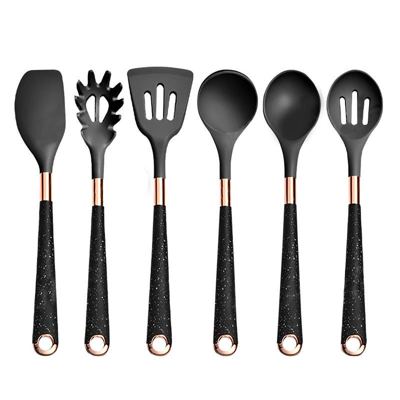 Anygleam Kitchen Utensils Non-stick Black 6 Set Gold Plated Handle with Support Point Cooking Tool Accessories Heat Resistant Kitchenware