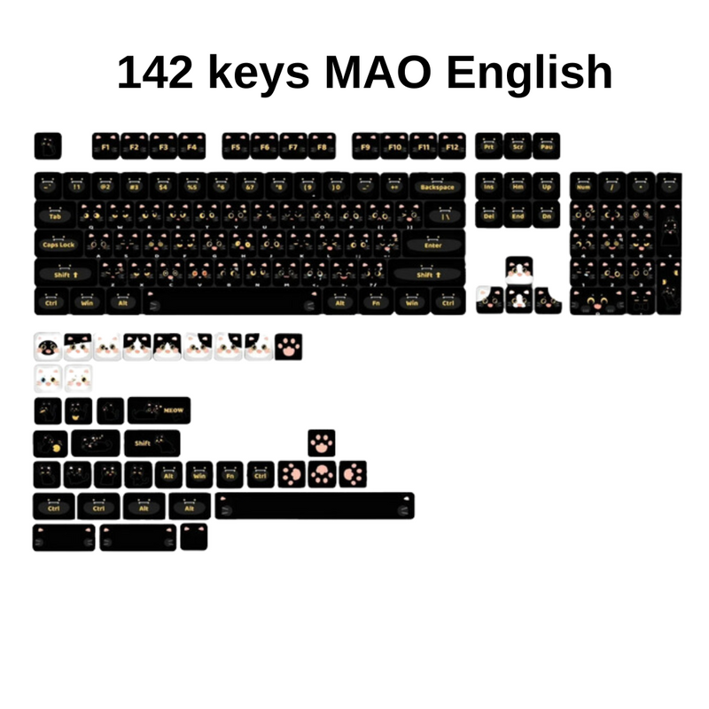 ANYMOB Keycap Keyboard Black Cat 142 Keys Profile Black Cute Naughty Cat Switch Theme Layout