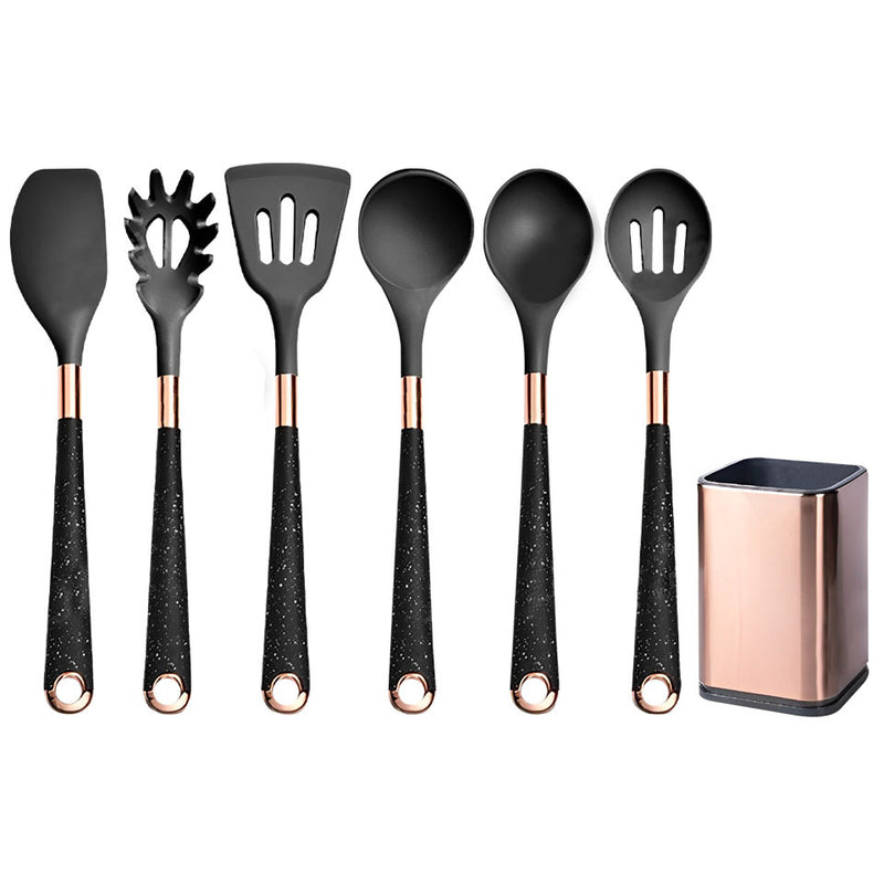 Anygleam Kitchen Utensils Non-stick Black 6 Set Gold Plated Handle with Support Point and Storage Box Cooking Tool Accessories Heat Resistant Kitchenware