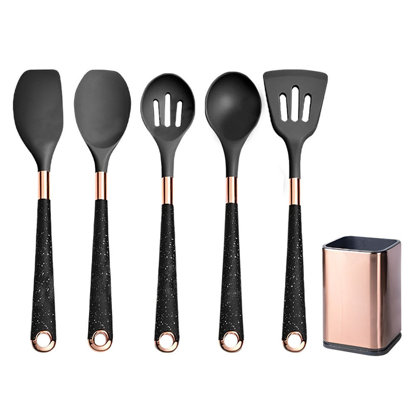 Anygleam Kitchen Utensils Non-stick Black 5 Set Gold Plated Handle with Support Point and Storage Box Cooking Tool Accessories Heat Resistant Kitchenware