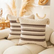 Anypillow Pillowcase Striped Tassel Embroidered Decorative Cushion Cover