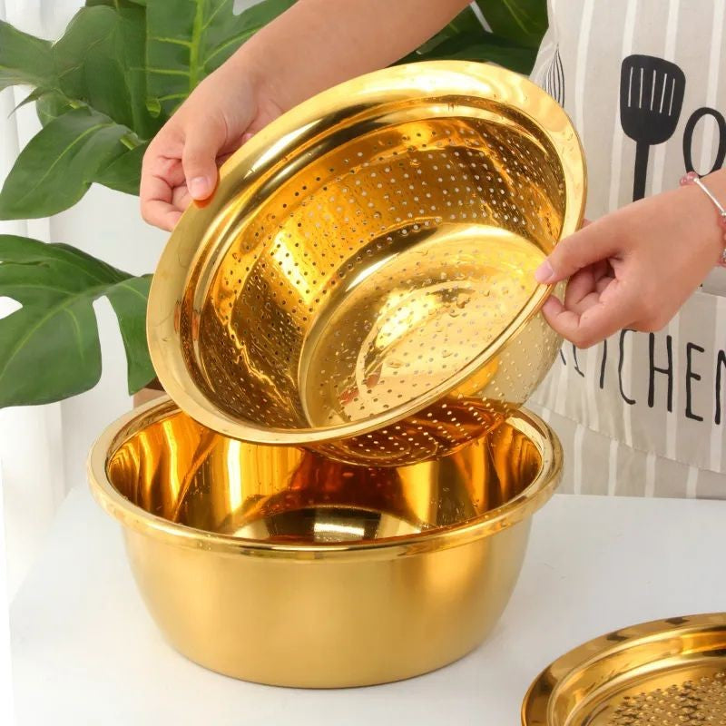 Anygleam Gold Stainless Steel Basket Strainer Bowl with Vegetable Cutter Slicer for Buffet and Restaurant Kitchenware
