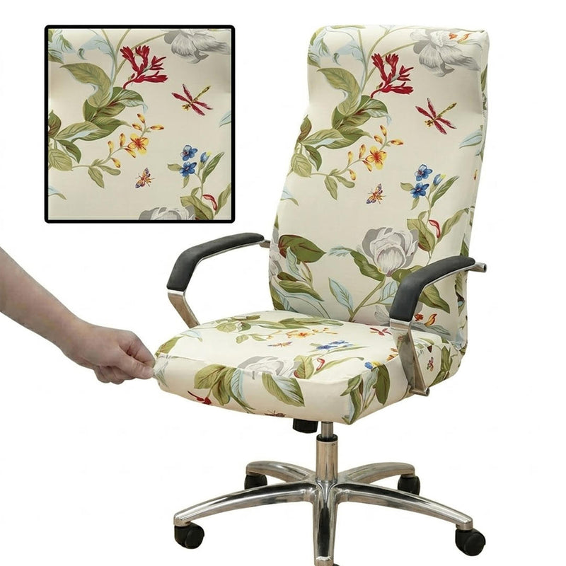 Anyseat Office Chair Cover –White Leafy Design, Medium Size, Non-Slip Rotating Seat Case with Universal Armrest Protector