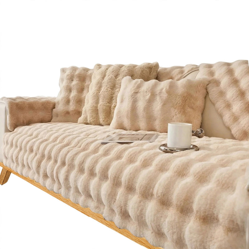 Anyseat Sofa Towel Super Soft Rabbit Plush Beige Thicken Bubble Velvet Non-slip Sectional Sofa Cover Non-slip L-shaped Couch Cover