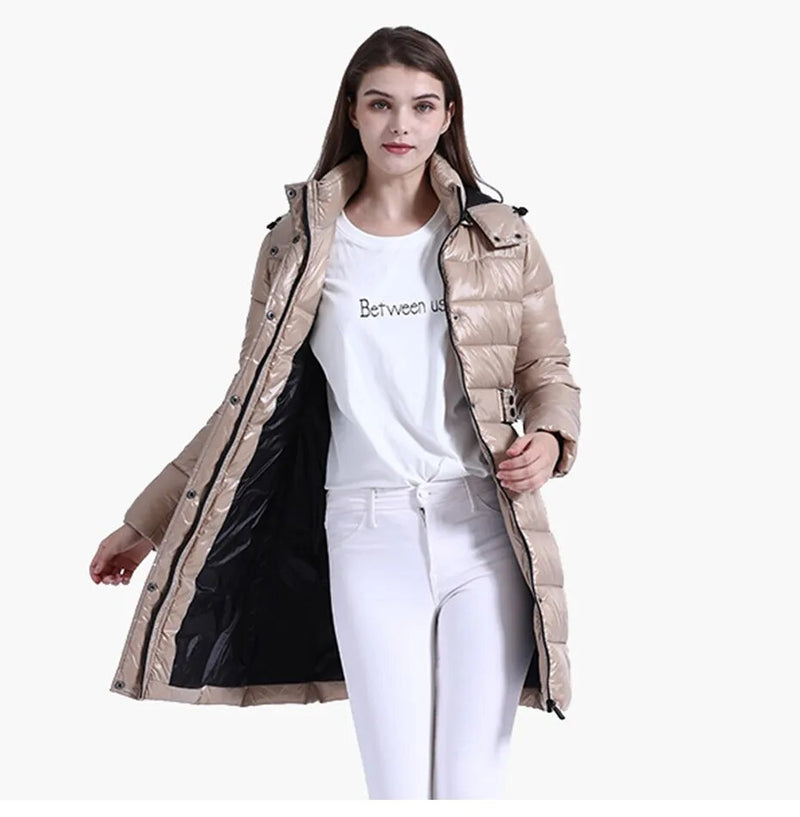 Anychic Womens Padded Puffer Jacket Medium Beige Hooded Long Thick Puffer Jackets For Women Fashion Coats Casual Waterproof Outerwear