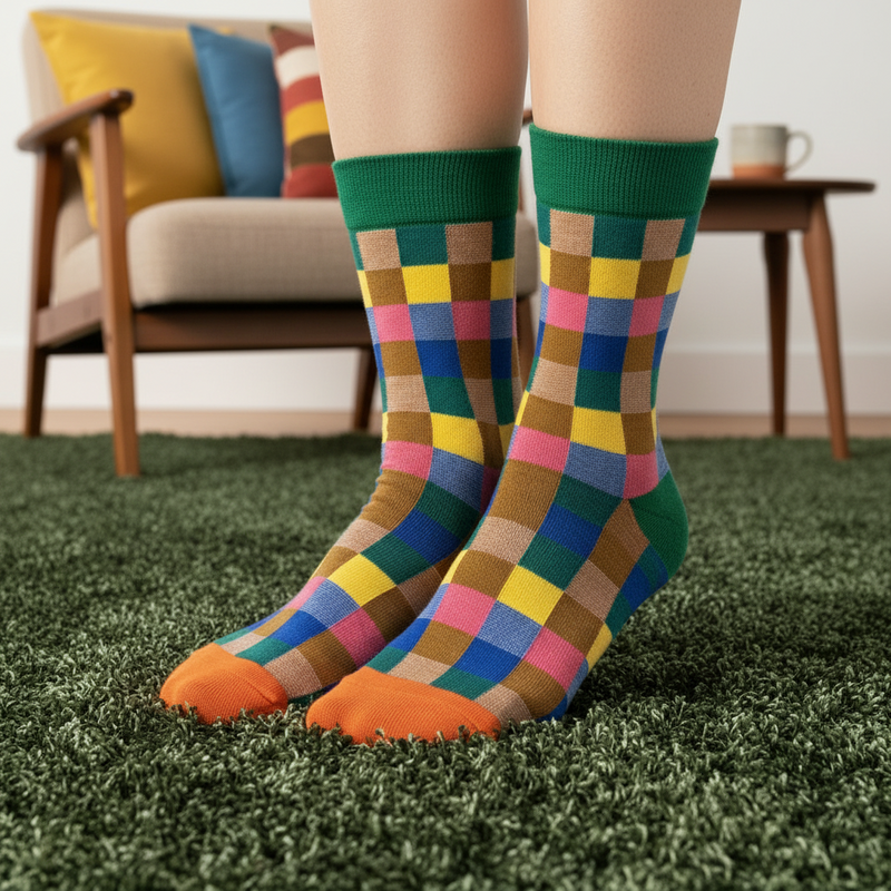 Anyfootwear 5 Pairs Size 5-9 Fashion Socks Combed Cotton Art Multi Color Checkered Abstract Oil Painting Novelty Happy Funny Christmas Gift for Women