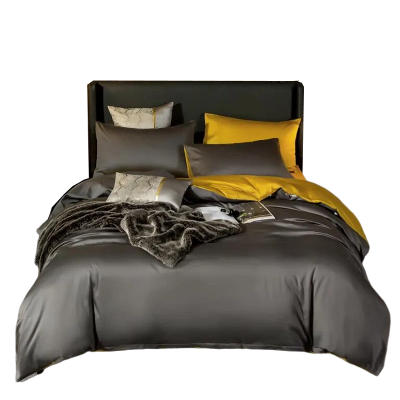 Anycozy Bed Sheet Deep Grey Yellow Ultra Soft Luxury Egyptian Cotton Bedding Cover UK King Size 4 Pcs Bed Set