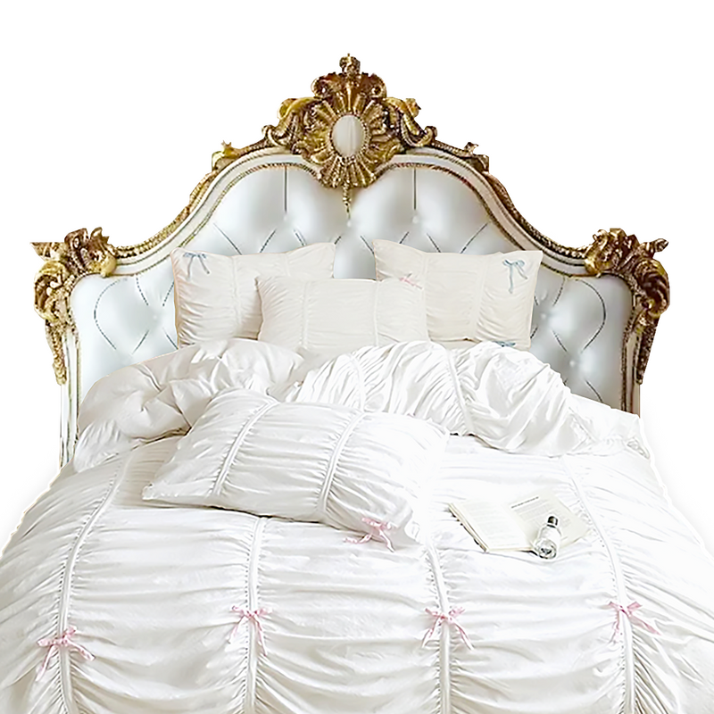 Anycozy Bedding Set White Pink Bow Ruffle Pleated Duvet Cover Flat Bed Sheet and Pillowcases Bedroom Decor