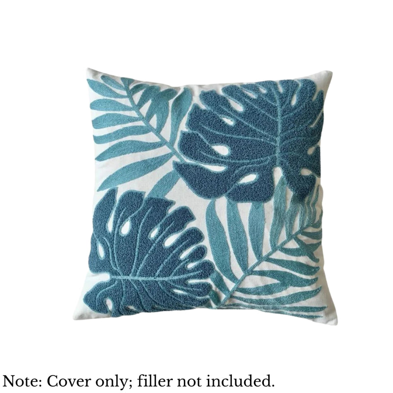 Anypillow Teal Blue Fern Leaves Embroidered Pillowcase Decorative Cushion Cover