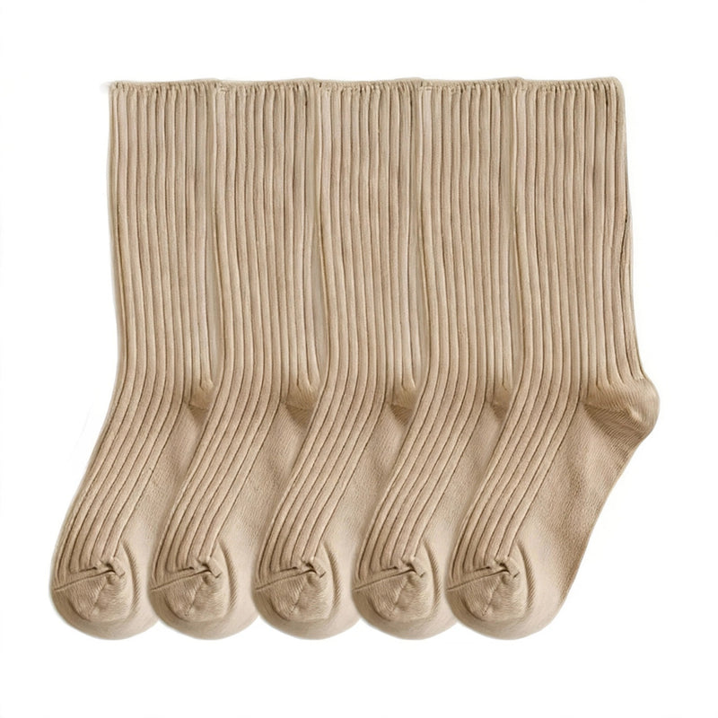 Anyfootwear  5 Pairs One Size 36-43  Beige Retro Long Knitted Socks Cotton Autumn Winter Solid Color Women Student Girls
