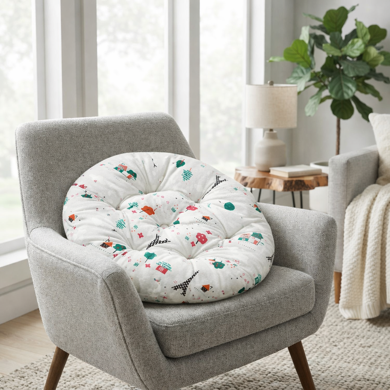 Anypillow White Round Chair with Playful Pattern Chair Pad – Soft Seat Cushion