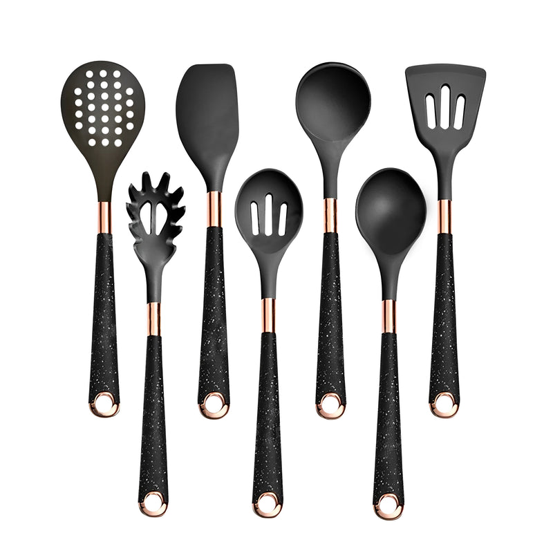 Anygleam Kitchen Utensils Non-stick Black 7 Set Gold Plated Handle with Support Point Cooking Tool Accessories Heat Resistant Kitchenware