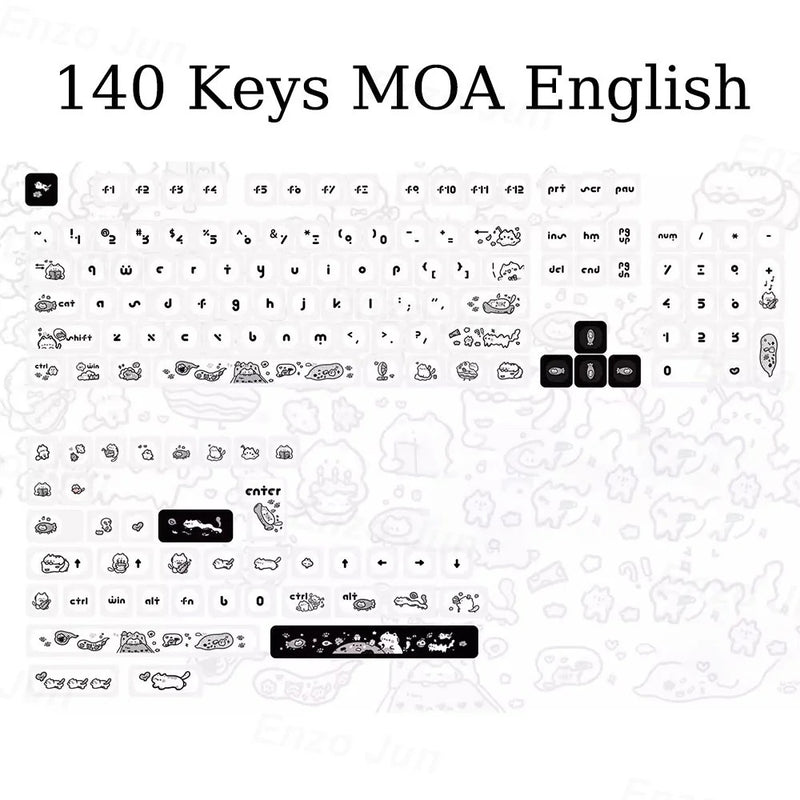 ANYMOB Keycap Keyboard Black White Cat 140 Keys Profile Black Cute Naughty Cat Switch Theme Layout
