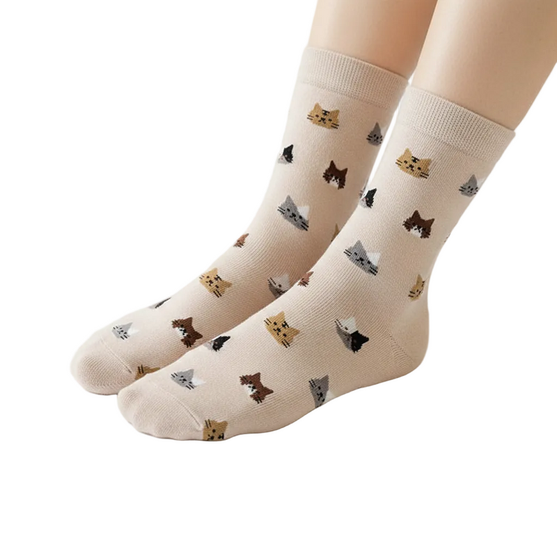Anyfootwear 5 Pairs Size 5-9 Fashion Socks Thick Warm Cotton Cute Cartoon Cat Animal Ankle Short Casual for Ladies Girls Christmas Gifts Beige