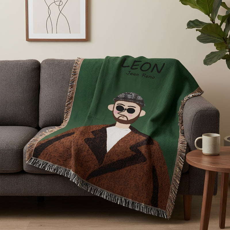 Anycozy Brown Faux Cashmere Throw Blanket – Style 1 Sofa Cover with Human Cartoon Design, Tassels, Soft Picnic & Camping Mat