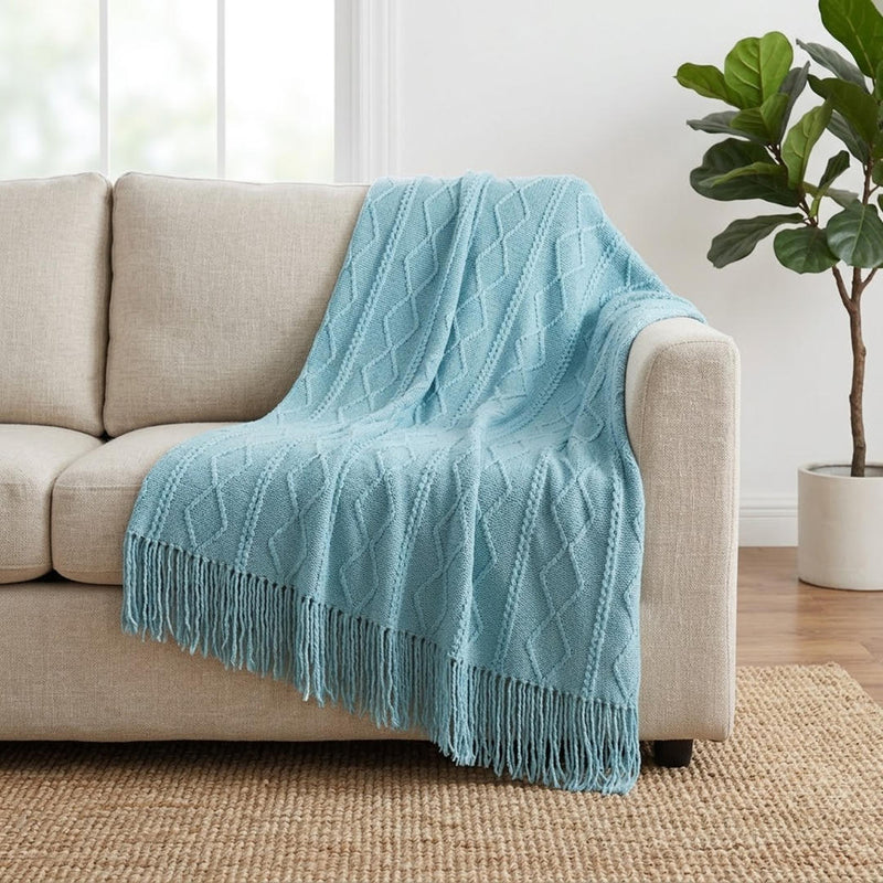Anycozy Sky Blue Faux Cashmere Throw Blanket – Diamond Knit Sofa Cover & Home Decor Accent
