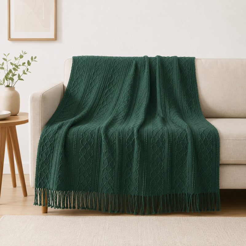 Anycozy Green Faux Cashmere Throw Blanket – Diamond Knit Sofa Cover & Home Decor Accent