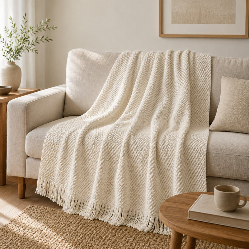 Anycozy White Knitted Waffle Throw Blanket – Soft Tassel Sofa & Bed Cover