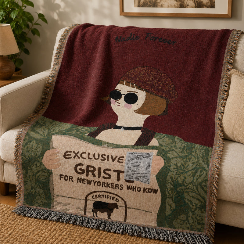 Anycozy Brown Faux Cashmere Throw Blanket – Style 2 Sofa Cover with Human Cartoon Design, Tassels, Soft Picnic & Camping Mat