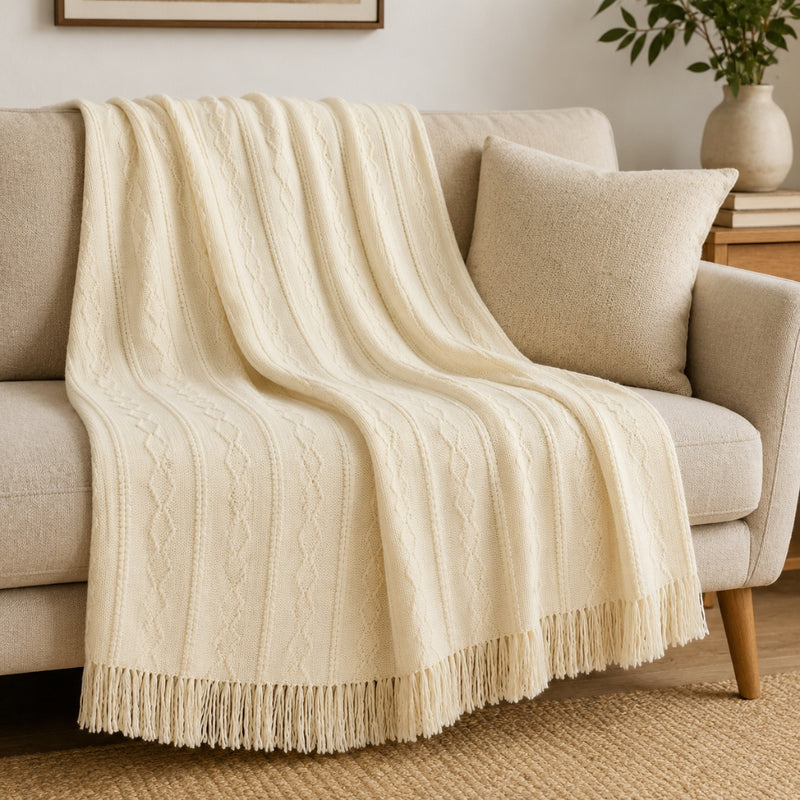 Anycozy White Faux Cashmere Throw Blanket – Diamond Knit Sofa Cover & Home Decor Accent