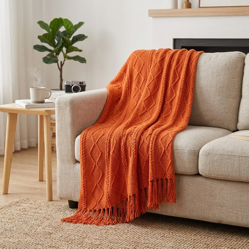 Anycozy Orange Faux Cashmere Throw Blanket – Diamond Knit Sofa Cover & Home Decor Accent