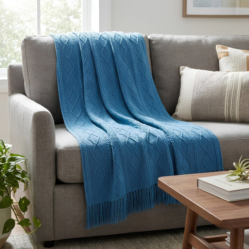 Anycozy Blue Faux Cashmere Throw Blanket – Diamond Knit Sofa Cover & Home Decor Accent