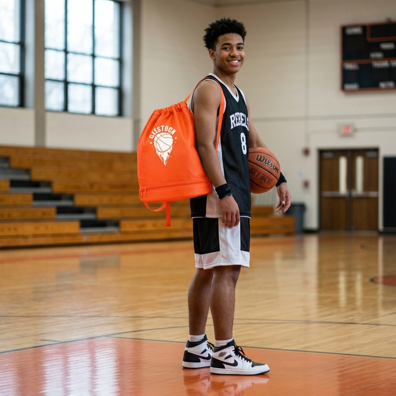 Orange Basketball Drawstring Backpack – Sports Gym Bag for Players and Fans