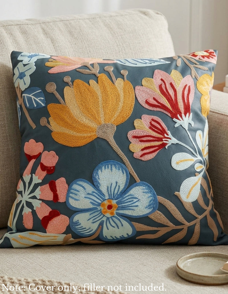 Anypillow Dark Blue Floral Embroidered Pillowcase Decorative Cushion Cover