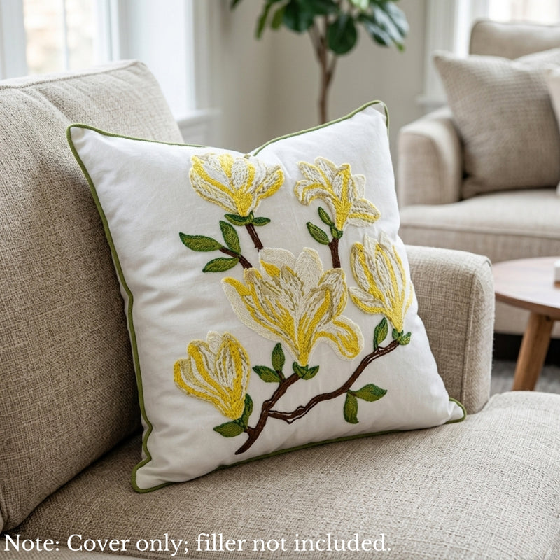 Anypillow White With Yellow Magnolia Embroidered Pillowcase Decorative Cushion Cover