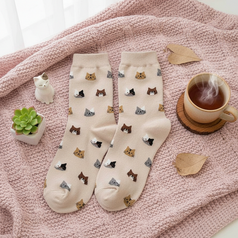 Anyfootwear 5 Pairs Size 5-9 Fashion Socks Thick Warm Cotton Cute Cartoon Cat Animal Ankle Short Casual for Ladies Girls Christmas Gifts Beige