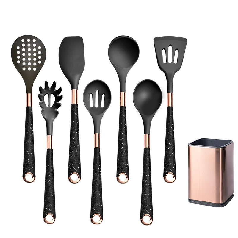 Anygleam Kitchen Utensils Non-stick Black 7 Set Gold Plated Handle with Support Point and Storage Box Cooking Tool Accessories Heat Resistant Kitchenware