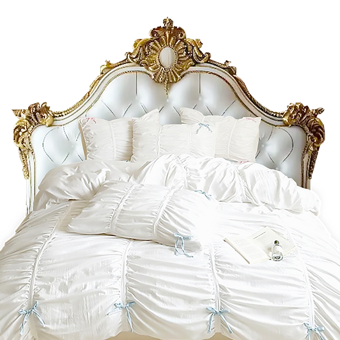 Anycozy Bedding Set White Blue Bow Ruffle Pleated Duvet Cover Fitted Bed Sheet and Pillowcases Bedroom Decor