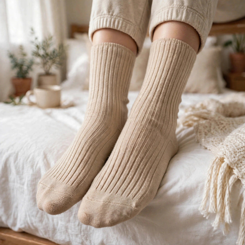 Anyfootwear  5 Pairs One Size 36-43  Beige Retro Long Knitted Socks Cotton Autumn Winter Solid Color Women Student Girls