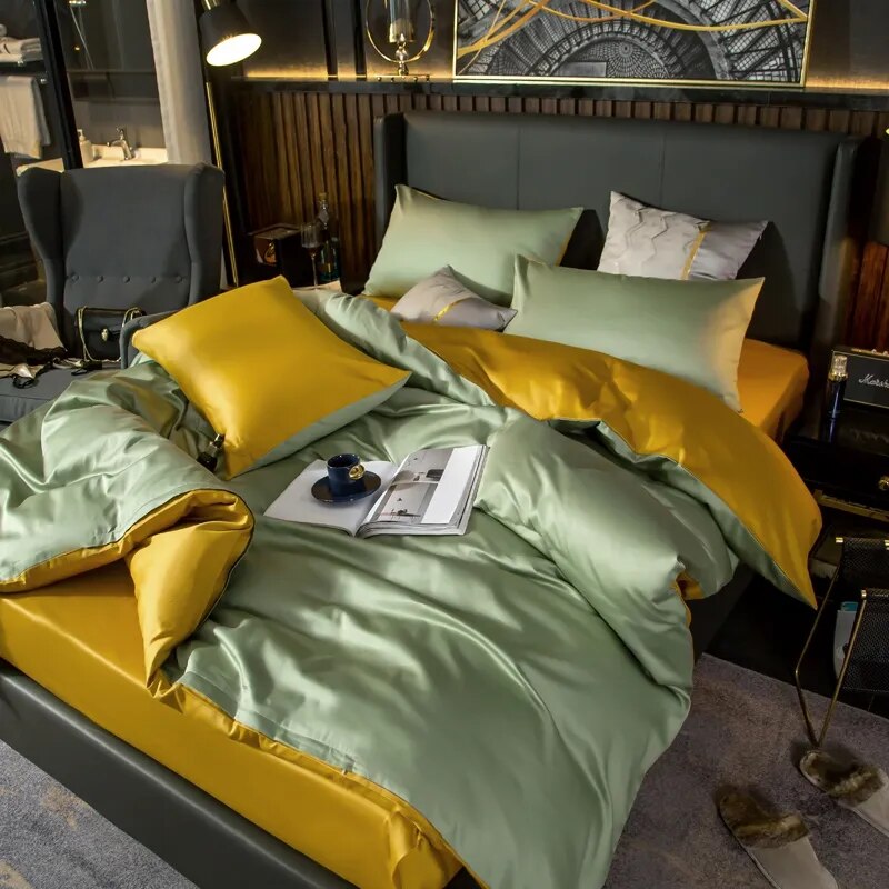 Anycozy Bed Sheet Green Yellow Ultra Soft Luxury Egyptian Cotton Bedding Cover Queen Size 6 Pcs Bed Set