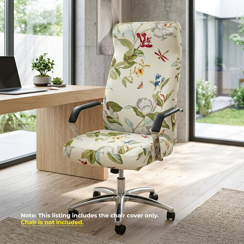 Anyseat Office Chair Cover –White Leafy Design, Medium Size, Non-Slip Rotating Seat Case with Universal Armrest Protector