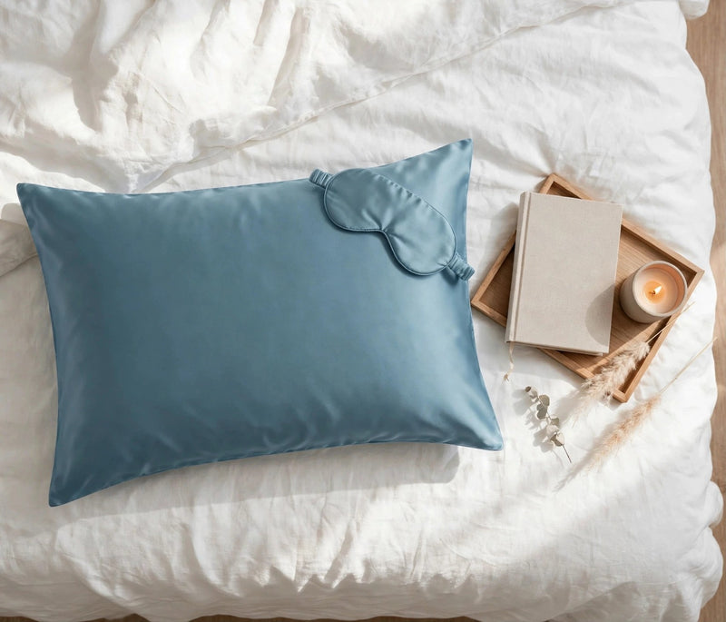 ANYHOUZ Pillowcase 51x66cm Blue Gray Set with Eye Mask Natural Mulberry Silk for Comfortable and Relaxing Home Bed