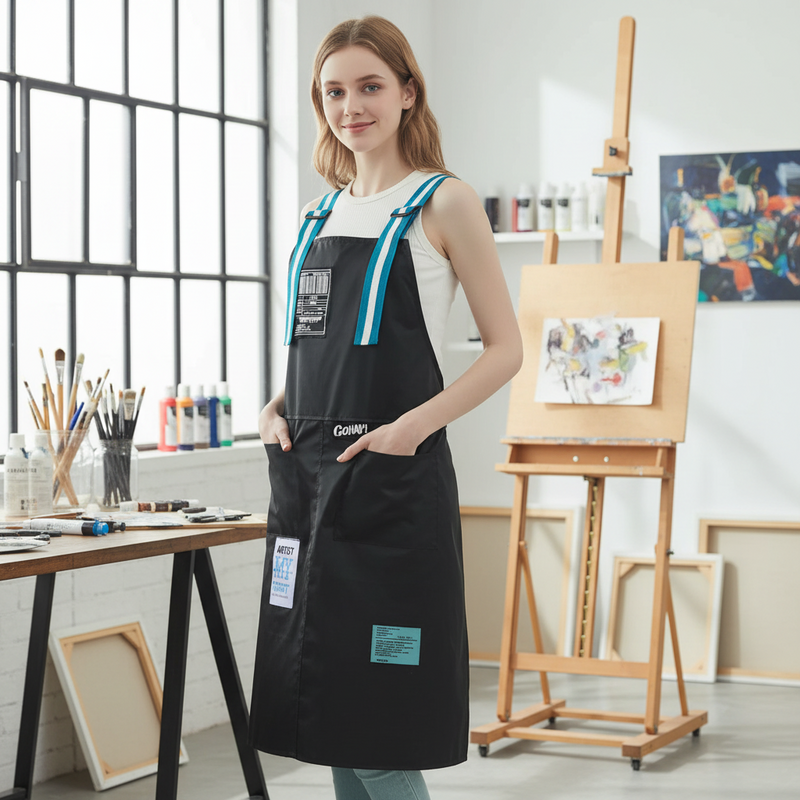 Anypron Waterproof Kitchen Apron – Black with Blue Adjustable Bib with 2 Pockets, Oil‑Resistant