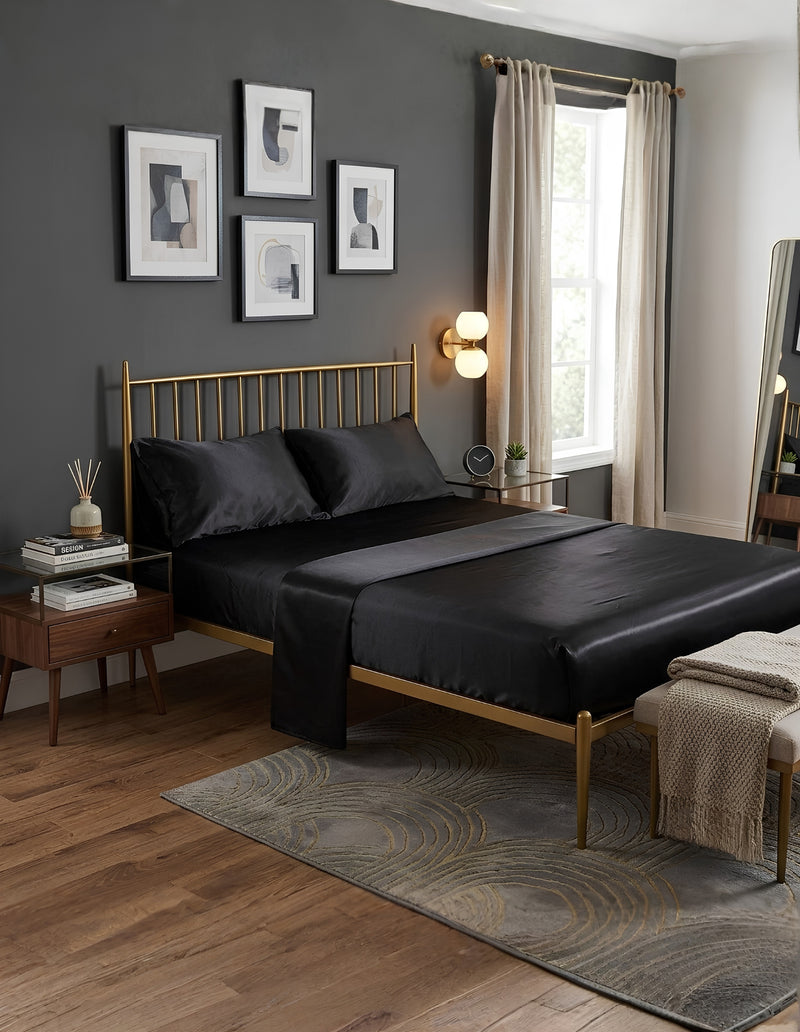 Anycozy Fitted Sheet King Size Black Luxury Silky Beddings Set with Pillow Cases