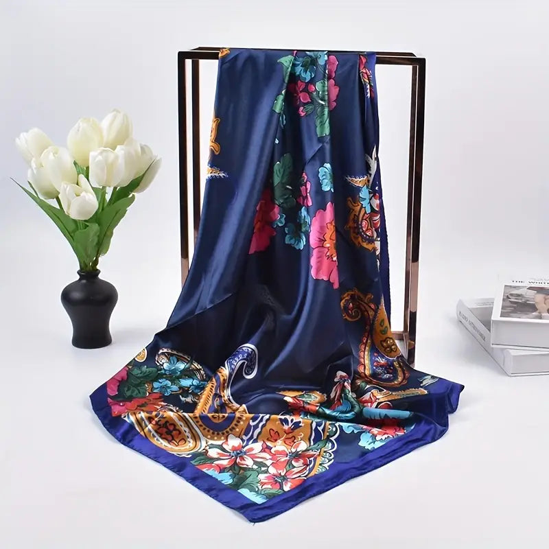 Anyyou Scarf for Women Big Pailsley Blue Printed Square Silk Shawl For Summer Spring And Fall