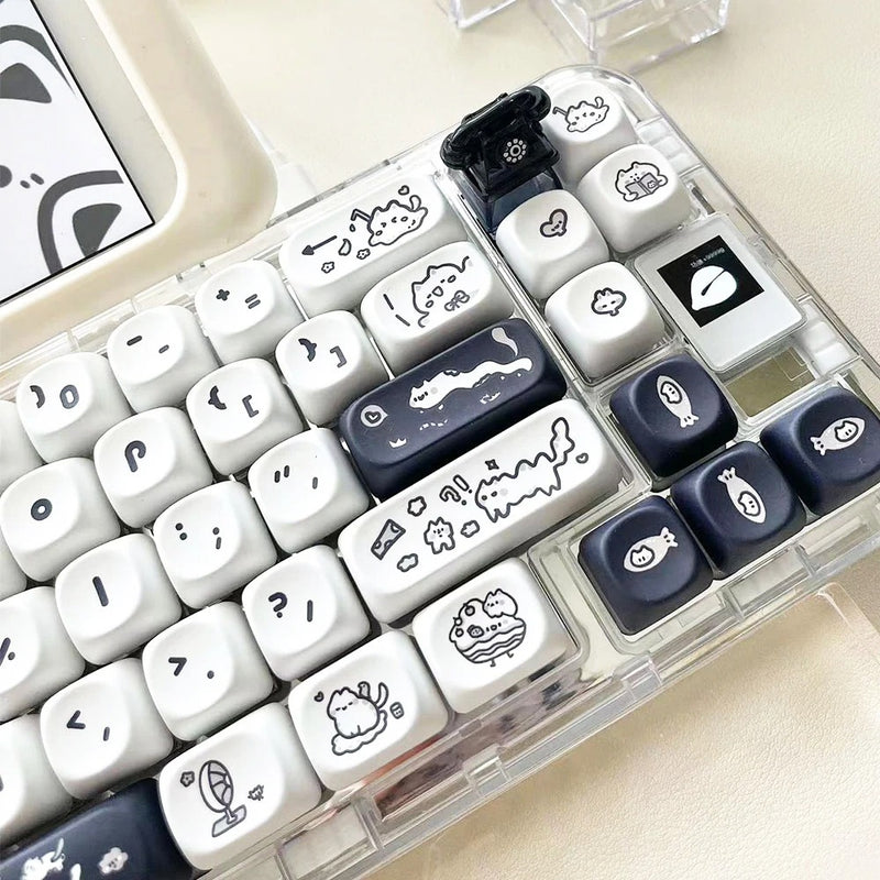 ANYMOB Keycap Keyboard Black White Cat 140 Keys Profile Black Cute Naughty Cat Switch Theme Layout