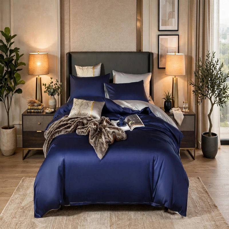 Anycozy Double Bed Sheet Set – Navy Blue & Light Grey Ultra‑Soft Luxury Egyptian Cotton Bedding Cover, 4‑Piece Ensemble