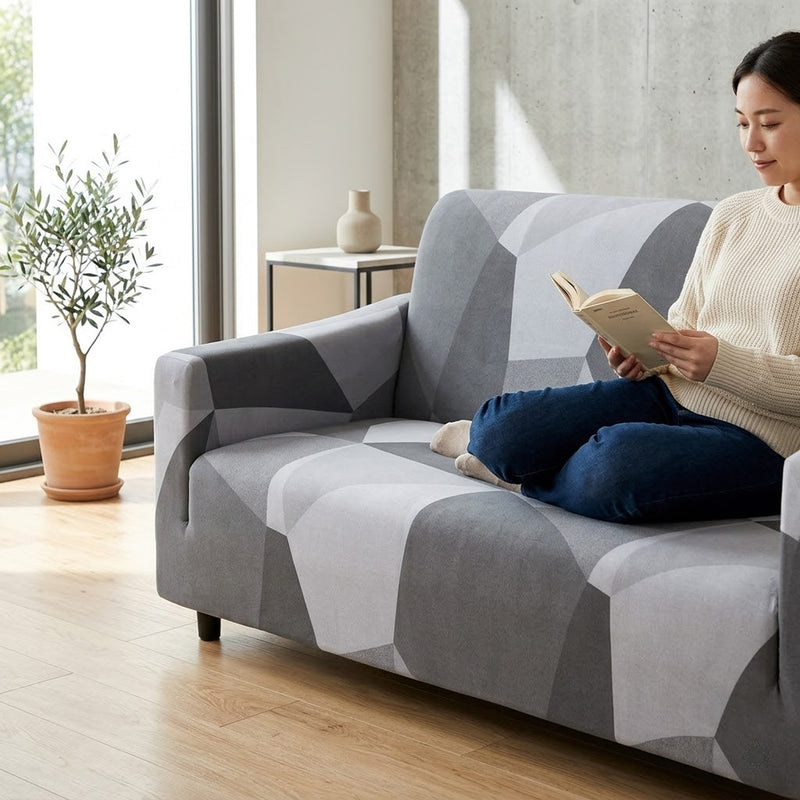 Anyseat White Gray Geometric Style Sofa Cover – Stretchable Slipcover for Living Room Chair Protection