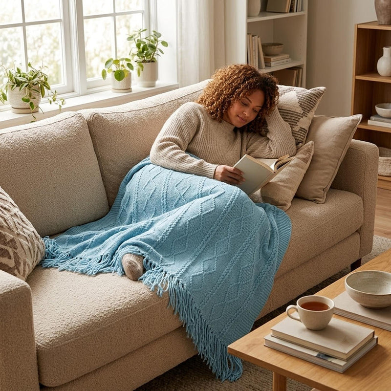 Anycozy Sky Blue Faux Cashmere Throw Blanket – Diamond Knit Sofa Cover & Home Decor Accent