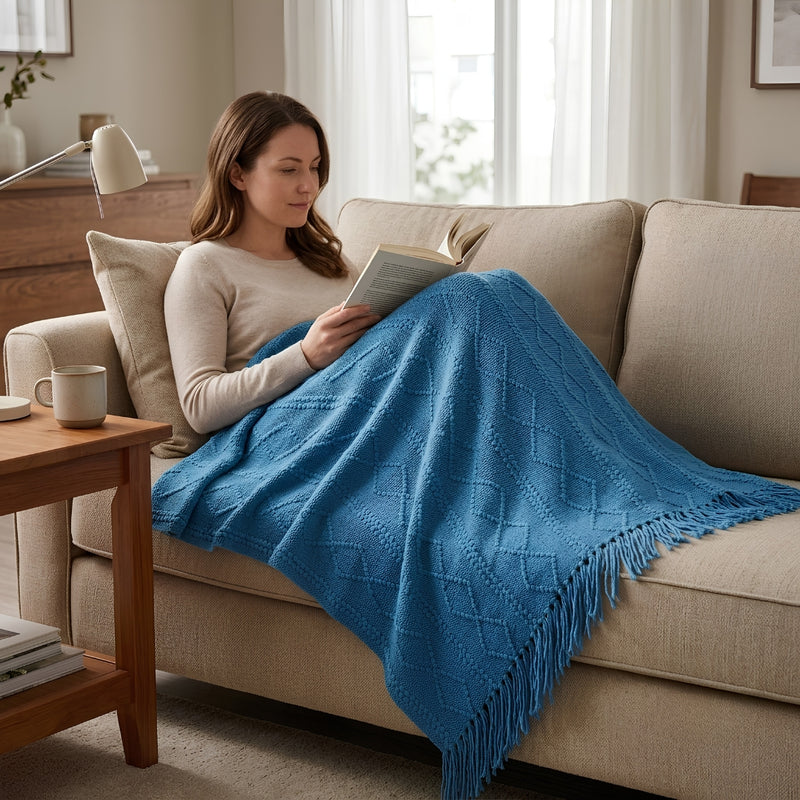 Anycozy Blue Faux Cashmere Throw Blanket – Diamond Knit Sofa Cover & Home Decor Accent